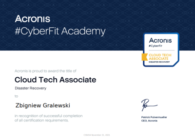 Certyfikat Acronis Disaster Recovery